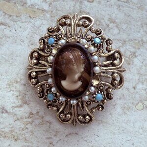 Vintage Florenza signed Gold Tone Filigree Pearl Cameo Brooch
